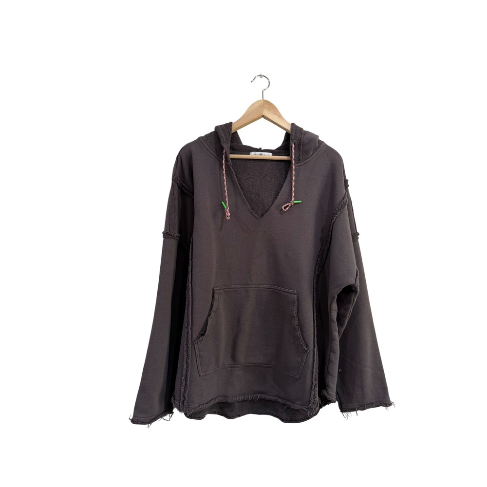 Natural Life Womens Oversized V-Neck Hoodie Charcoal Grey Raw Seam Cotton L/XL